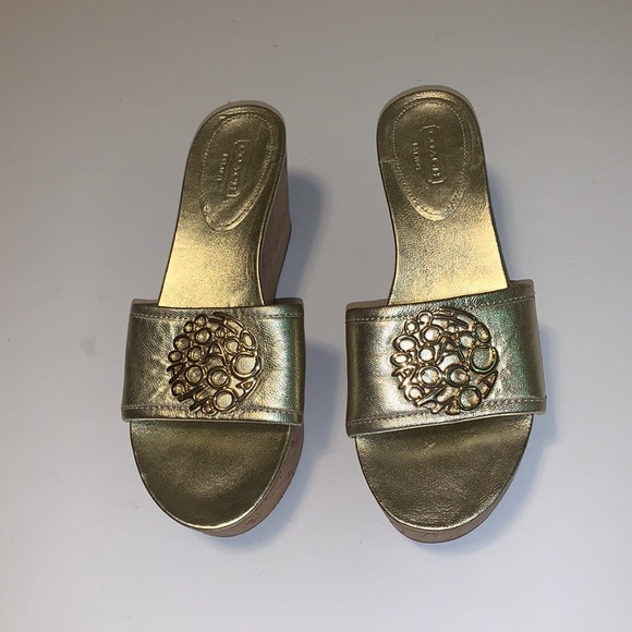 Coach “Judith” Gold Leather Cork Wedges - Women’s Size 7 - Picture 5 of 8